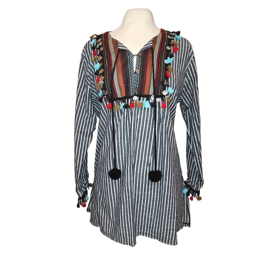 Velzera Gray Stripe Embroidered Boho Middle Eastern Tassel Tunic Dress Plus 1X